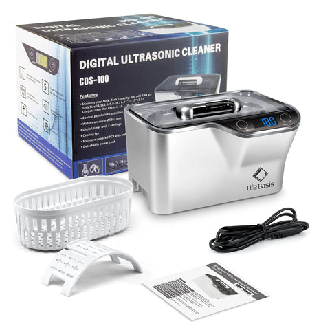 Ultrasonic Cleaner 45kHz 35W 20oz Digital Timer Pro Grade Jewelry Cleaner with accessories and packaging box.