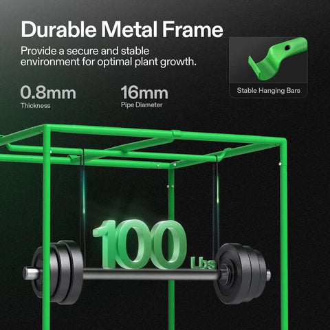Durable metal frame of S3018 grow tent with 0.8mm thickness and 16mm pipe diameter, showcasing 100 lbs weight capacity for indoor use.