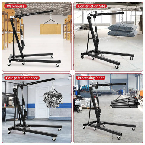 Four operational views of Badass Industrial Grade Hydraulic Engine Hoist Built To Move Four Thousand Four Hundred Pounds.
