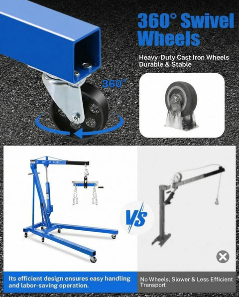 Heavy Duty Two Ton Shop Crane Engine Hoist with 360° swivel wheels, durable cast iron for easy maneuvering in garages.
