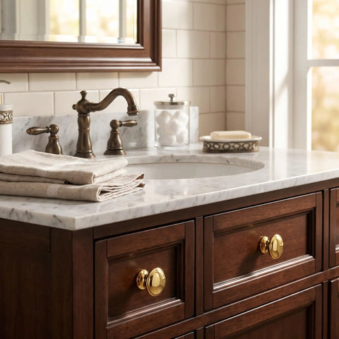Handmade Solid Brass Cabinet Knobs Round Unlacquered Drawer Pulls Developing Rich Antique Patina Over Time on bathroom vanity.
