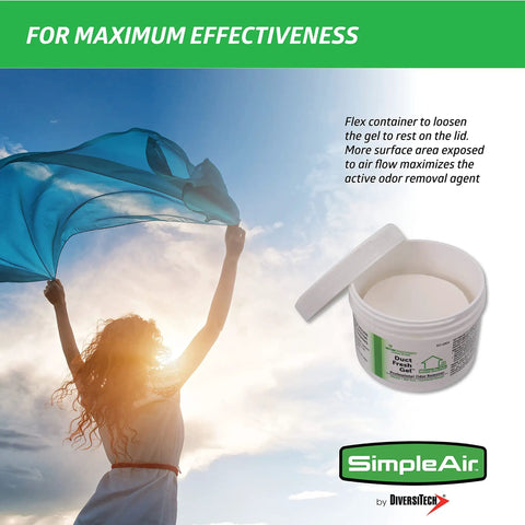 Woman in sunlight holding fabric next to Duct Fresh Gel Odor Eliminator For HVAC Systems, Non Toxic Deodorizer And Cleaner That Removes Odors.