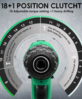 18+1 position clutch on 20V Cordless Drill Set With Battery And Charger, shows torque settings for various materials.
