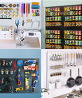 Heavy Duty Metal Pegboard Wall Organizer Kit 74 Piece Set White 24 By 24 Inches For Garage Workshop Craft Room Office And Kitchen Tool Organization Rust Resistant Durable Storage System installed with various tools and items for different rooms.