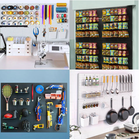 Heavy Duty Metal Pegboard Wall Organizer Kit 74 Piece Set White 24 By 24 Inches For Garage Workshop Craft Room Office And Kitchen Tool Organization Rust Resistant Durable Storage System installed with various tools and items for different rooms.