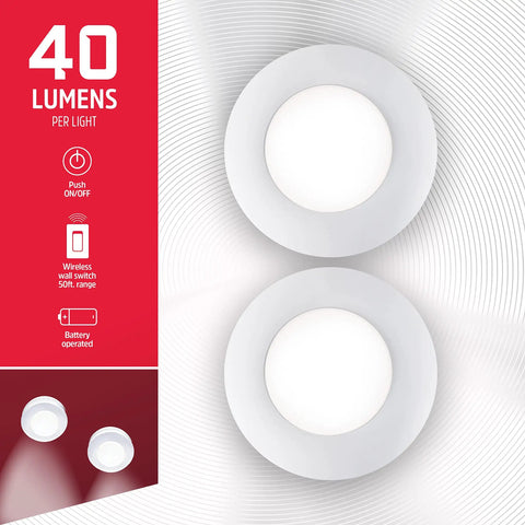 Image of Battery Operated LED Puck Lights With Wall Switch Remote, 2 Pack, featuring 40 lumens per light and battery operation details.