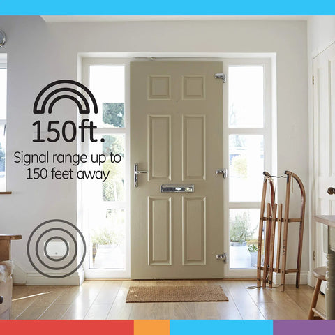 Wireless Doorbell Kit With Battery Operated Receiver And Push Button, Easy Install, 150 Ft Range, shown on a door.