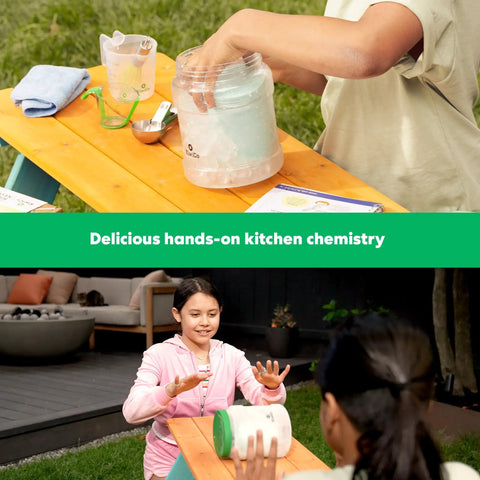 Kids using Science Of Cooking Ice Cream Kit For Kids: DIY Hands On Kitchen Chemistry Project at outdoor table