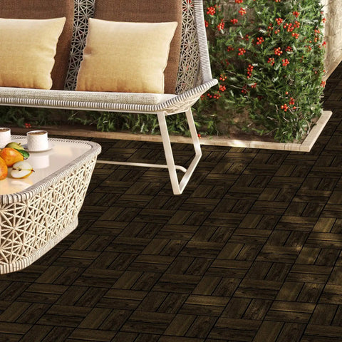 Interlocking Deck Tiles 27 Piece Set 11.8 By 11.8 Inches Espresso Pine Wood Outdoor Flooring installed on patio