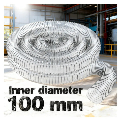 Heavy Duty Bellows Flex Hose For Shop Vacs And Industrial Dust Extractors 100mm clear sawdust collector pipe coiled in workshop.