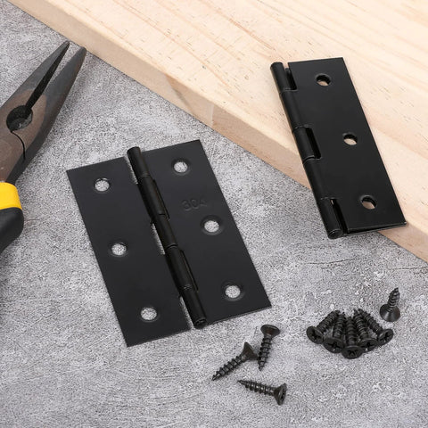 Front view of two black 3-inch stainless steel door hinges with screws and mounting hardware.
