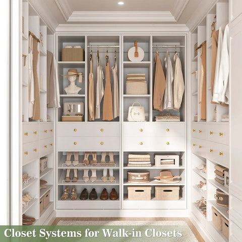 Big League White Closet Organizer System With Eight Deep Drawers And Triple Layer Shoe Rack Knocks It Out As A Hella Spacious Free Standing Tower Rack For Walk In Rooms And Large Bedrooms, featuring organized clothes and shoes.