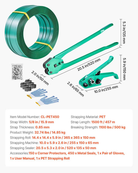 Heavy Duty Banding Strapping Kit With Sealer Tool And Gloves, 1500 Ft PET Strapping, 450 Metal Seals, 150 Corner Protectors