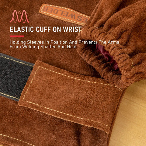 Elastic cuff and Velcro on Double Layer Leather Welding Sleeves with Heat and Flame Resistance, showing tough cowhide material.