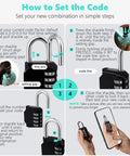 Instructional diagram showing how to set the code on a Four Digit Outdoor Combination Padlock with hardened steel shackle.