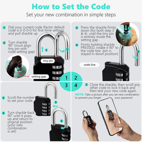 Instructional diagram showing how to set the code on a Four Digit Outdoor Combination Padlock with hardened steel shackle.