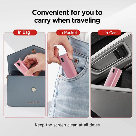 All In One Screen Cleaner Kit With Spray And Wipe Pocket Size Lipstick Style shown in bag, pocket, and car.