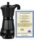 Electric Moka Pot 6 Cup Coffee Maker For Quick Espresso At Home No Stove Needed Italian Style Espresso Machine Portable Aluminum Moka Pot displayed next to a certificate of conformity