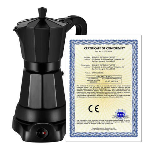 Electric Moka Pot 6 Cup Coffee Maker For Quick Espresso At Home No Stove Needed Italian Style Espresso Machine Portable Aluminum Moka Pot displayed next to a certificate of conformity