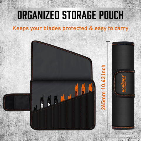 HORUSDY 40-piece reciprocating saw blade set for wood & metal stored in black roll-up pouch with orange stitching