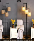 Boho Bamboo Floor Lamp With Remote Dimmer And Dimmable Bulb Warm Cozy Glow, wicker shade on black corner lamp, off and on view