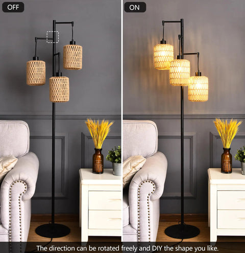 Boho Bamboo Floor Lamp With Remote Dimmer And Dimmable Bulb Warm Cozy Glow, wicker shade on black corner lamp, off and on view
