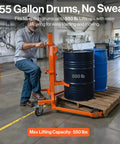 Serious Heavy Duty Hydraulic Drum Lift Crank For 55-Gallon Drums Handles Up To 550 Pounds With Ease lifting black drum on pallet