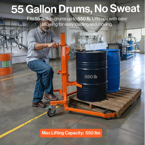 Serious Heavy Duty Hydraulic Drum Lift Crank For 55-Gallon Drums Handles Up To 550 Pounds With Ease lifting black drum on pallet
