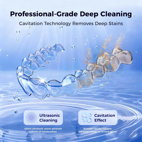 Ultrasonic Retainer Cleaner With 45kHz Power And Four UV Lights, deep cleaning bubbles on transparent dental aligner
