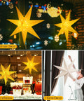 Two Pack 24 Inch Paper Star Lanterns With 50 LED Fairy String Lights Eight Modes Seven Pointed Hollow Star Hanging Decor For Indoor Outdoor Rooms Weddings Christmas Parties Lit Vibe shown in different decor settings: Christmas window with snowflakes, shop window display, and indoor home decoration.