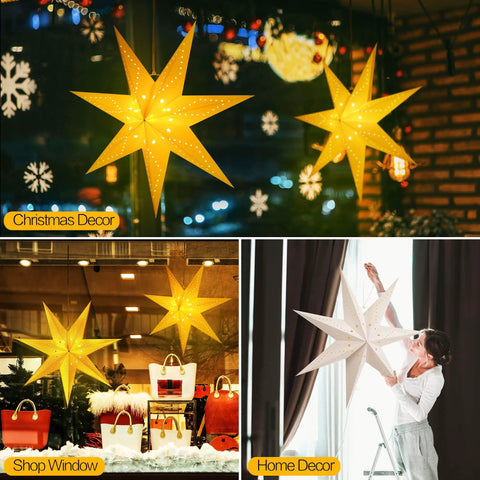 Two Pack 24 Inch Paper Star Lanterns With 50 LED Fairy String Lights Eight Modes Seven Pointed Hollow Star Hanging Decor For Indoor Outdoor Rooms Weddings Christmas Parties Lit Vibe shown in different decor settings: Christmas window with snowflakes, shop window display, and indoor home decoration.