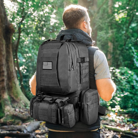 Person wearing 60L Tactical Backpack Rucksack For Outdoors Military Style Assault Pack With Detachable Front Bag And MOLLE System