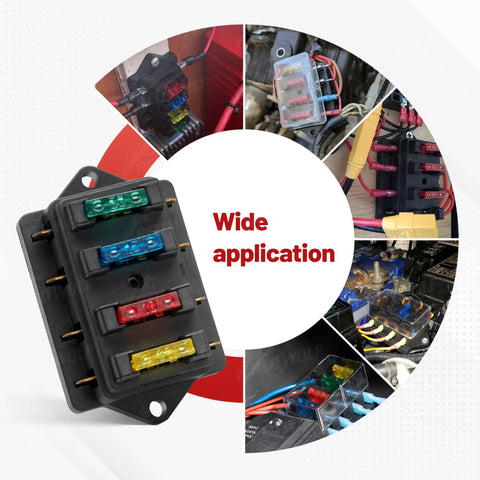 Heavy Duty 4 Way Blade Fuse Block With Slick Damp Proof Cover For Plug And Play Auto Marine Rv Truck Wiring Power Distribution Panel 10 To 32 V Dc Setup and various applications.