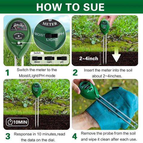 Four images demonstrating the Three In One Soil Tester With Moisture, Light And PH Meter For Gardening And Lawn Care, No Batteries Required Digital Plant Probe For Indoor And Outdoor Plants, Plug And Play Quick Readouts in use.
