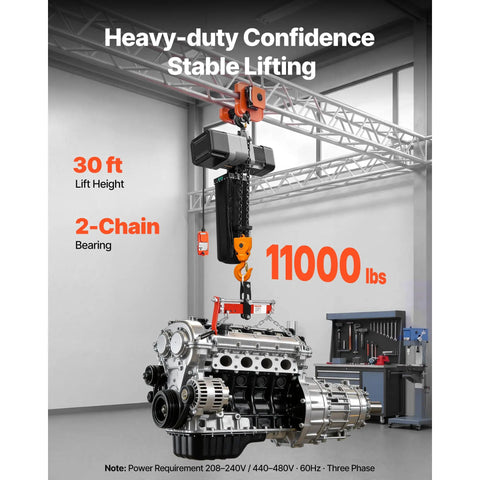 Heavy Duty 11000lb Electric Chain Hoist With Double Chain System And 30ft Lift Height for lifting an engine in a garage.