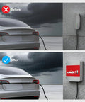 Heavy Duty Tesla Charger Enclosure Lock Box Featuring Rugged Wall Mount Security Sleek Cord Organizer And Rock Solid Weatherproof Cover For Model Y And Model 3 Game Changer before and after installation in rain.