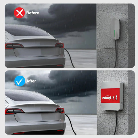 Heavy Duty Tesla Charger Enclosure Lock Box Featuring Rugged Wall Mount Security Sleek Cord Organizer And Rock Solid Weatherproof Cover For Model Y And Model 3 Game Changer before and after installation in rain.