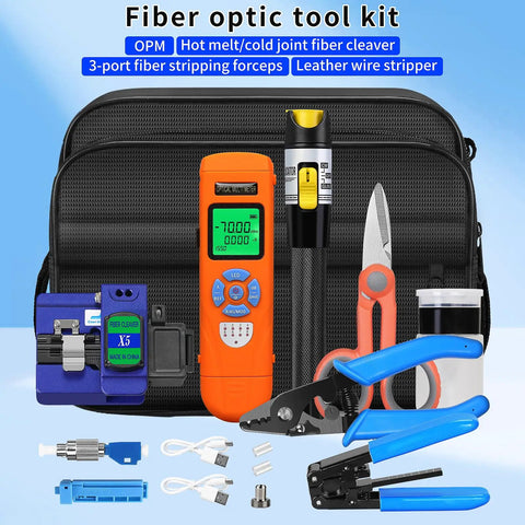 Pro Grade All In One Fiber Optic Tool Kit with Rechargeable Power Meter L C7, fiber cleaver, wire stripping pliers, aramid scissors.