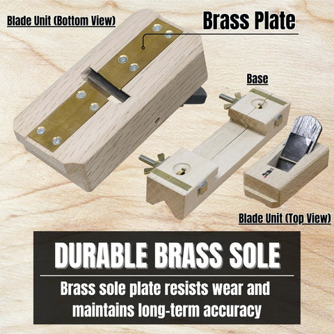 Pro Grade 45 Degree Chamfer Hand Plane For Real Woodworkers With Dead Simple Adjustments Razor Sharp Skewed Blades Plus Rugged Brass Sole For Knockout Edges You Can Truly Trust showing brass sole and blade units.