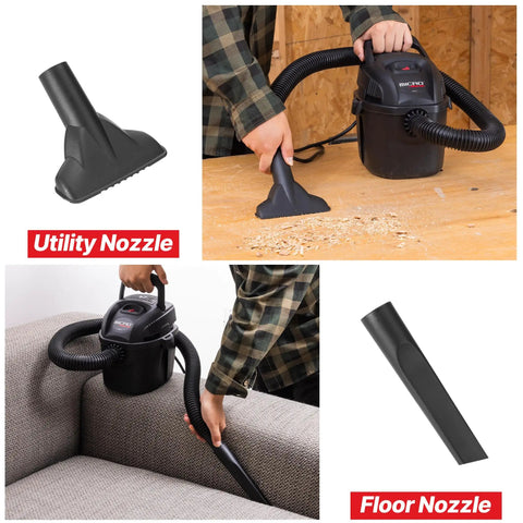 Person using One Gallon Wet Dry Vacuum Micro 1.0 Peak HP with 1.25 Inch by 4 Foot Hose and 6 Foot Cord for cleaning on table and sofa.