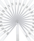 Feeler gauge set with 25 stainless steel blades fanned around a central hub; metric and imperial marks.