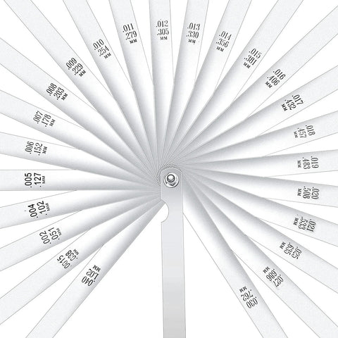 Feeler gauge set with 25 stainless steel blades fanned around a central hub; metric and imperial marks.