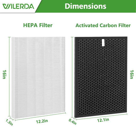 HR900 Replacement Filter Set For Pet Air Purifier Pet Parents Ultimate Clean Includes 1 H13 True HEPA Filter, 1 Activated Carbon Filter, And 6 Upgraded Replacement Filters Compatible With HR900, showing HEPA and activated carbon filters dimensions.