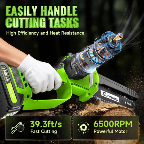 Cordless Mini Chainsaw 6 Inch With Dual Battery Power Handheld Electric Chain Saw Auto Oiler in action cutting wood
