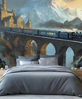 Retro Locomotive Wall Mural Steam Train Scene For Living Room Bedroom And Dining Room TV Backdrop Large 100 By 73 Inches With Seamless Edges And Easy Install HD Print Vibrant Colors Castle Wall Decor Non Adhesive featuring a train on a bridge with a castle view.