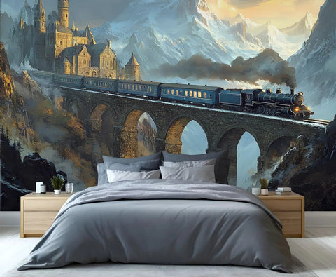 Retro Locomotive Wall Mural Steam Train Scene For Living Room Bedroom And Dining Room TV Backdrop Large 100 By 73 Inches With Seamless Edges And Easy Install HD Print Vibrant Colors Castle Wall Decor Non Adhesive featuring a train on a bridge with a castle view.