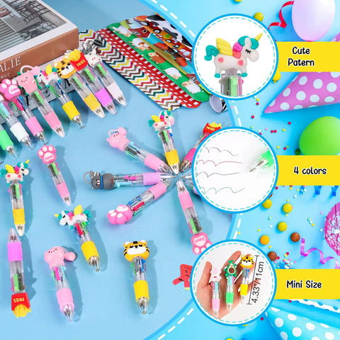 All In One Stationery Party Pack For Kids With 24 Goodie Bags Mini Notebooks Multicolor Pens Slap Bracelets Motivational Bookmarks Tattoos Classroom Gifts Class Rewards And Prizes, featuring multicolor pens with animal toppers on blue background.