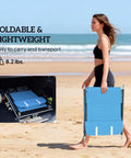Woman carrying Folding Chaise Lounge Chair For Poolside Sunbathing And Outdoor Relaxation, showing lightweight design on beach
