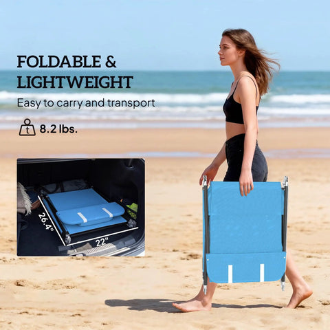 Woman carrying Folding Chaise Lounge Chair For Poolside Sunbathing And Outdoor Relaxation, showing lightweight design on beach