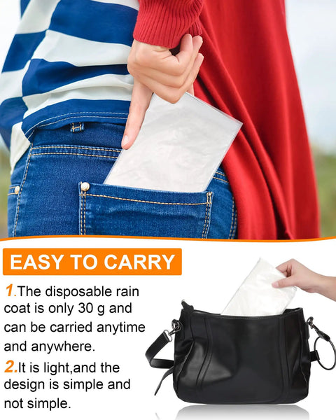 Person placing clear disposable hooded rain poncho in back pocket; Bulk 120 Pack Clear Disposable Hooded Rain Ponchos For Adults Super Light Each Weighs One Ounce Individually Packed For Family Trips Weddings Christmas Parties Emergencies And Outdoor Adventures Lightweight Rain Gear.
